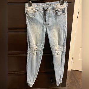 East Pointe size medium blue Jean joggers from H&M. Comparison to size 14 kids.